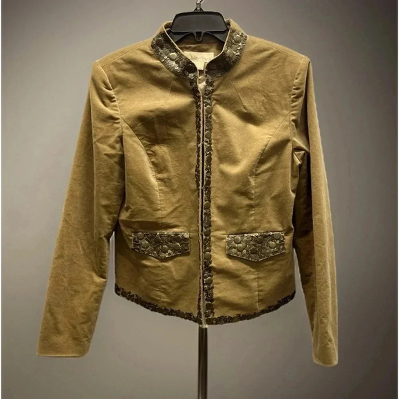 MICHAEL KORS WOMENS SIZE 10 SEQUIN KHAKI CLASP CLOSURE JACKET - Picture 1 of 7